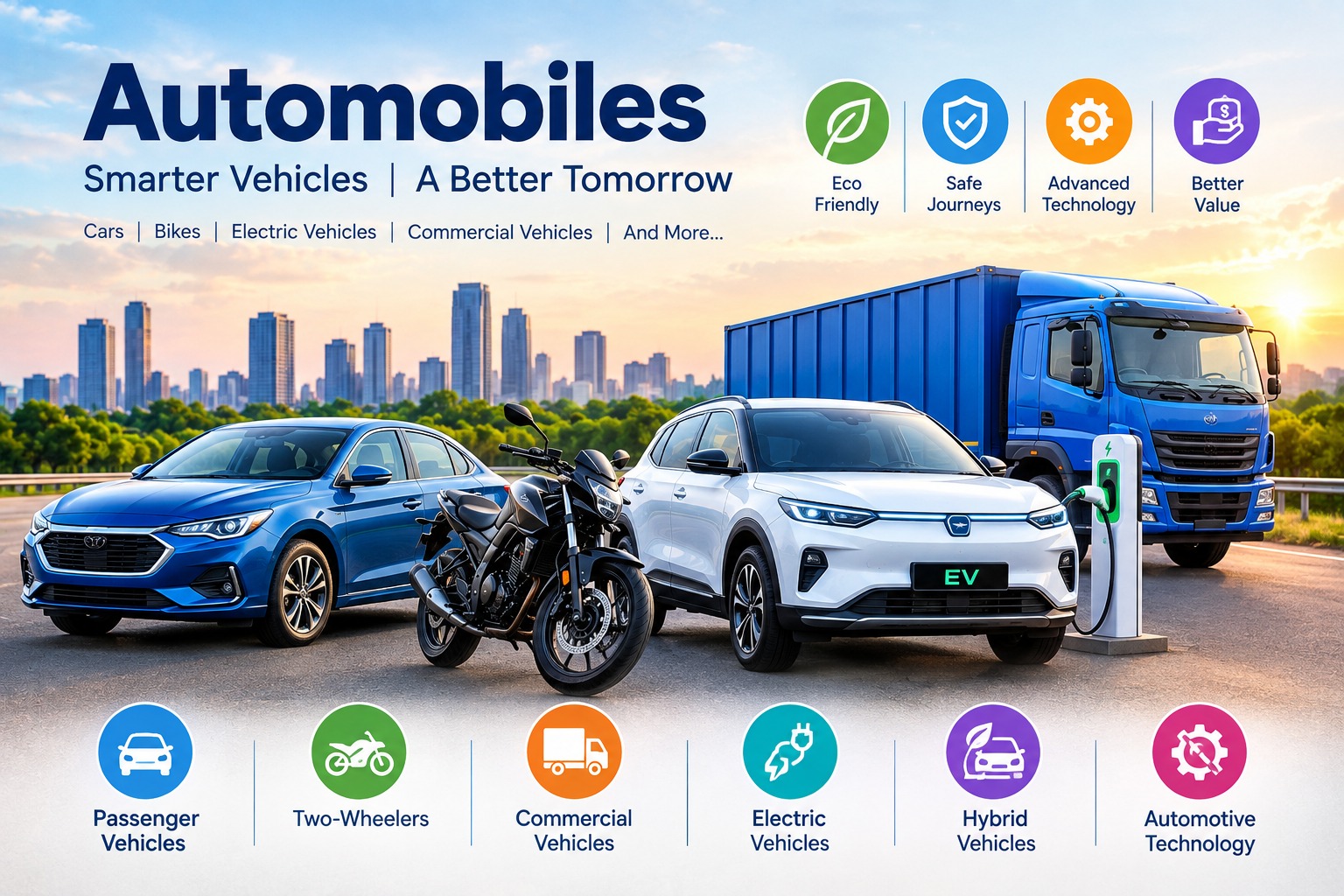 Modern automobile collection featuring cars, motorcycles, electric vehicles, and automotive technology representing the future of mobility.